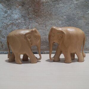 Two Hand Carved Wooden Elephant Statues